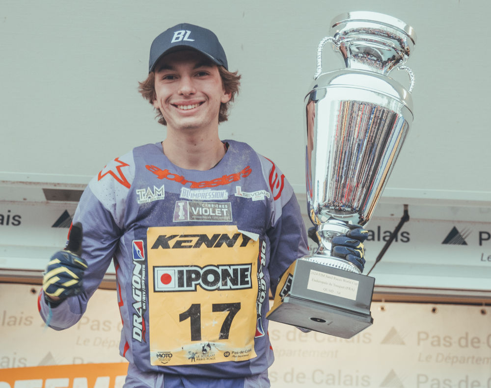 A picture of Pablo Violet holding a trophy at 2024 Enduropale du Touquet Pas-de-Calais © Frederik Herregods